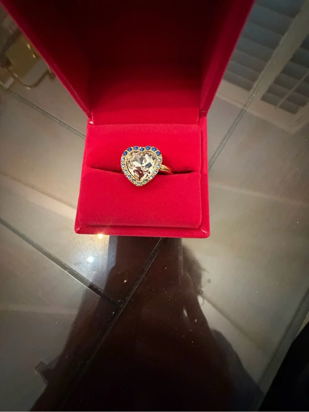 Kurt Geiger Gold Heart Ring with Clear Center and Blue Accents size 7 3/4